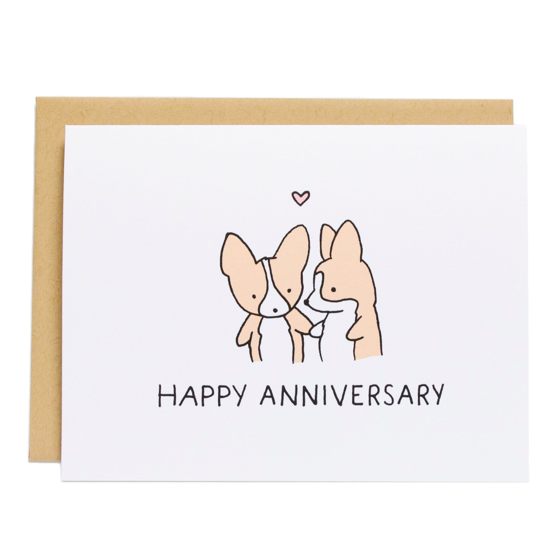 two corgis holding hands with a heart in between them, card reads, happy anniversary