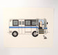 Drawing of an NYC bus with the door open showing a corgi sitting as the driver and a pidgeon waiting outside at the door
