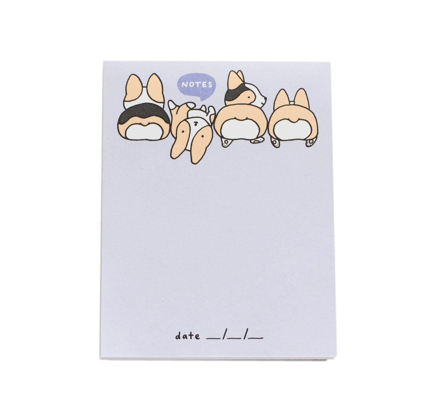 blank notepad that has a light purple background with four corgis across the top and a quote bubble reads 'notes' and a spot for the date