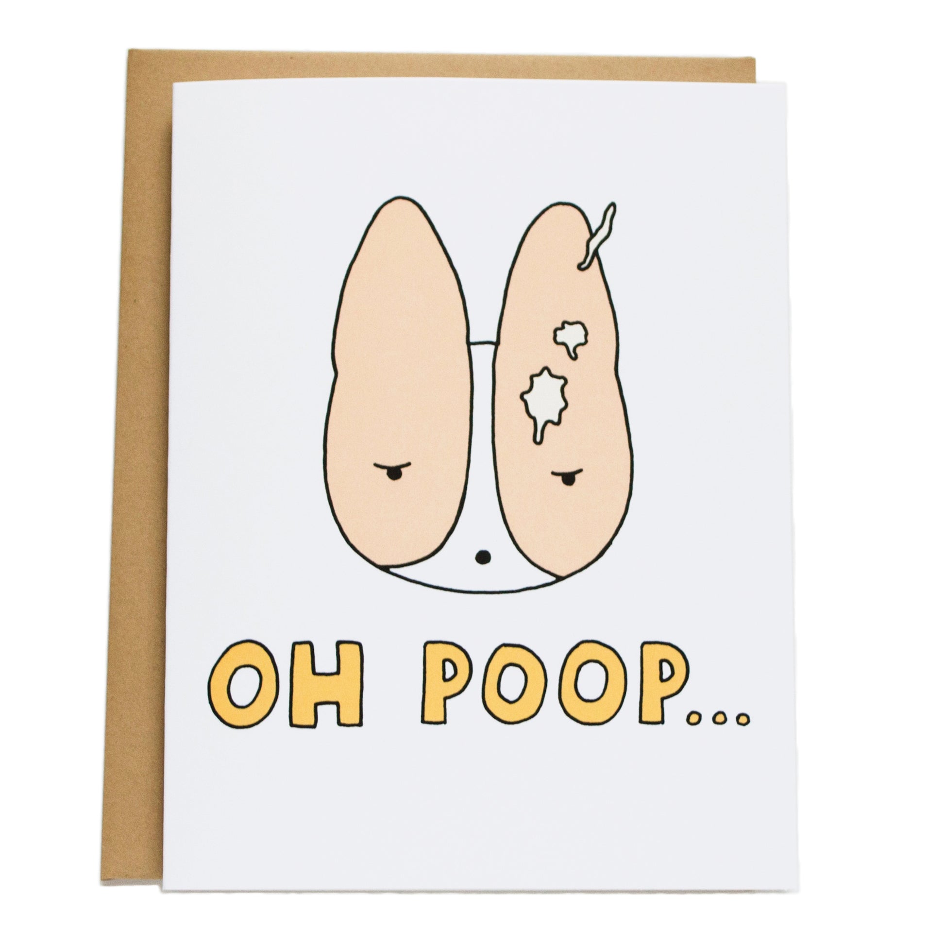 a large corgi head with bird poop falling on it and the corgi's eyes are annoyed. card reads, oh poop...