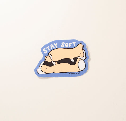 On a bright blue background, a drawing of two corgis stacked on top of eeach other sleeping. On top it reads, in white bubbly writing, stay soft